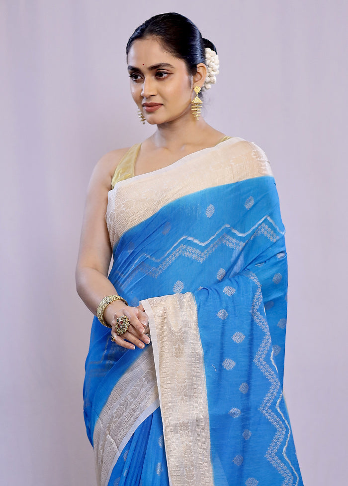 Blue Kora Silk Saree With Blouse Piece - Indian Silk House Agencies