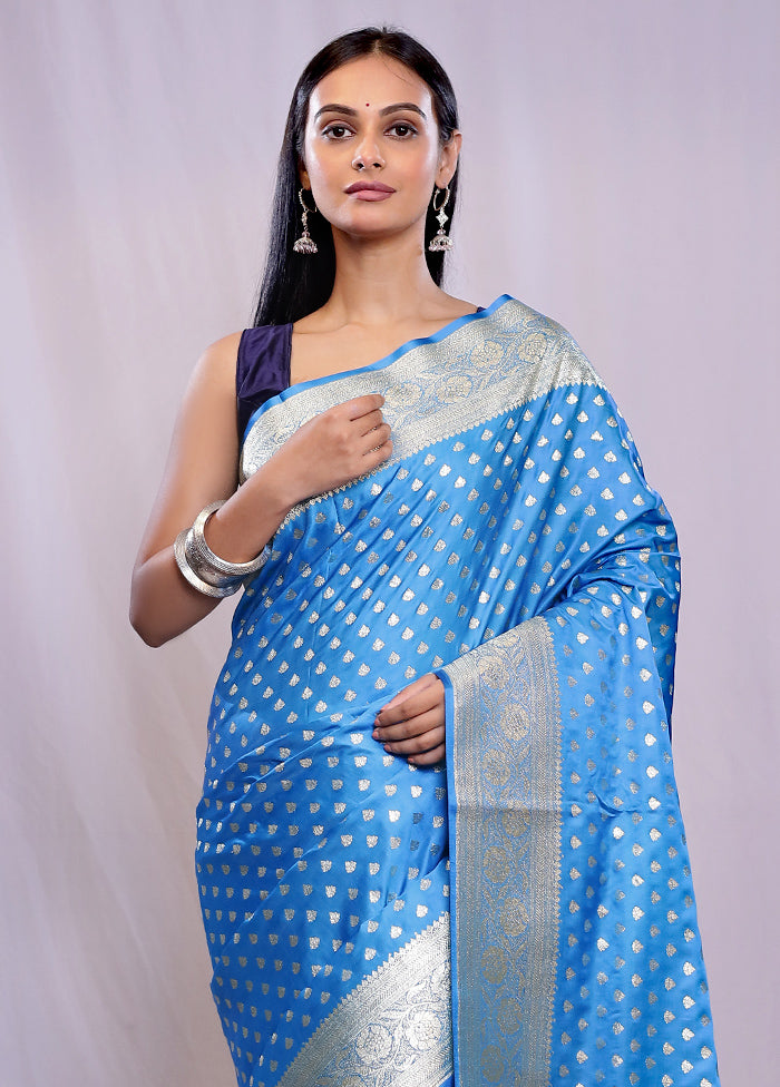 Blue Banarasi Silk Saree With Blouse Piece