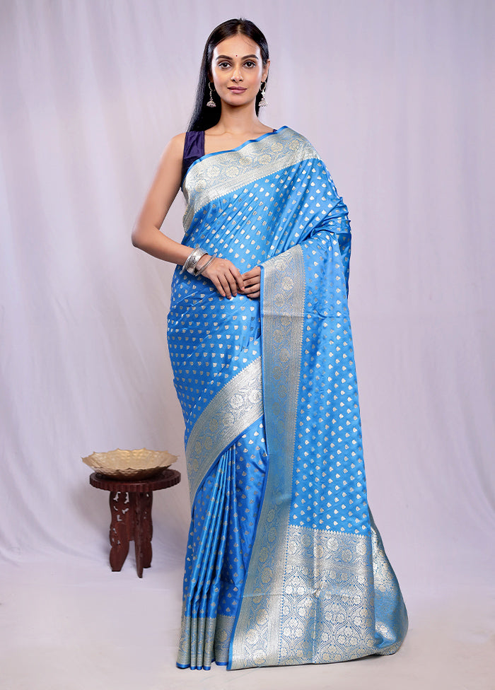 Blue Banarasi Silk Saree With Blouse Piece