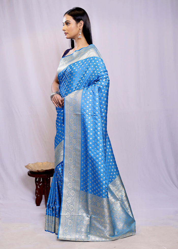 Blue Banarasi Silk Saree With Blouse Piece - Indian Silk House Agencies