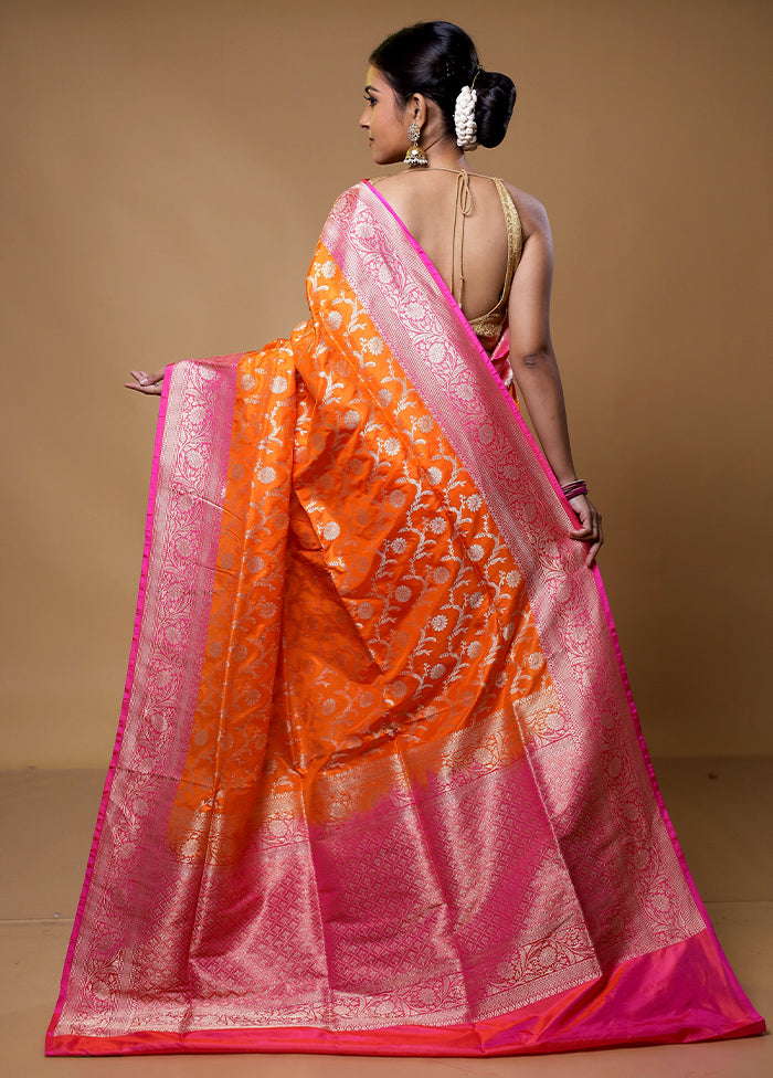 Orange Handloom Uppada Pure Silk Saree With Blouse Piece