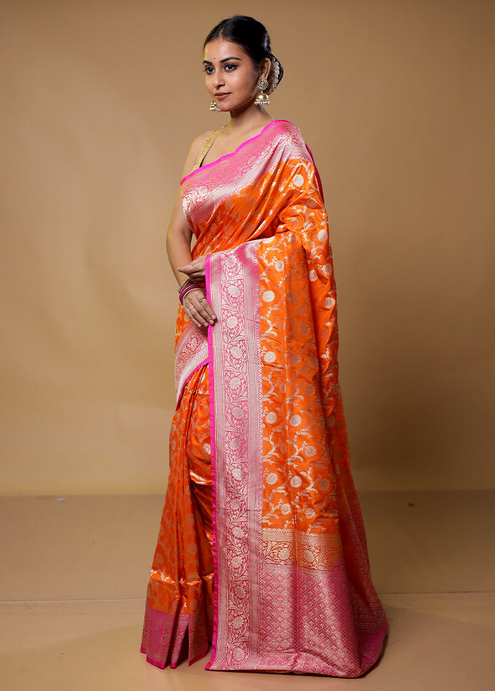 Orange Handloom Uppada Pure Silk Saree With Blouse Piece