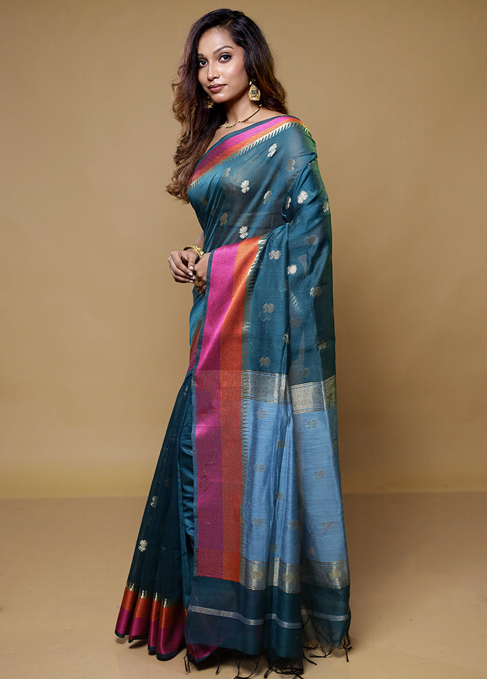 Blue Cotton Saree With Blouse Piece