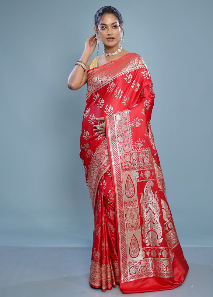 Red Banarasi Silk Saree With Blouse Piece - Indian Silk House Agencies