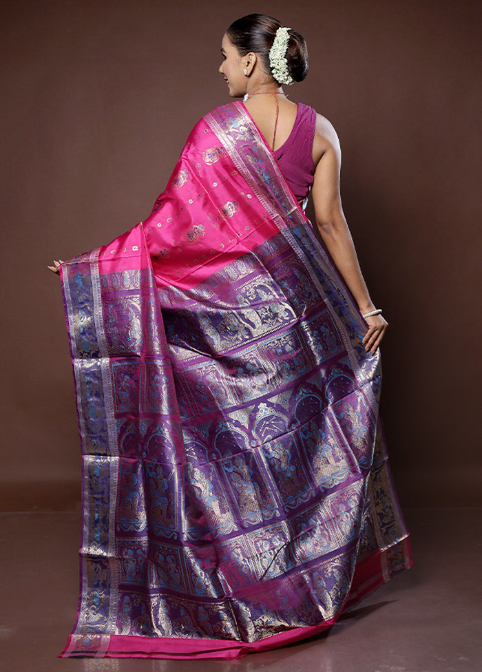 Pink Handloom Baluchari Pure Silk Saree With Blouse Piece