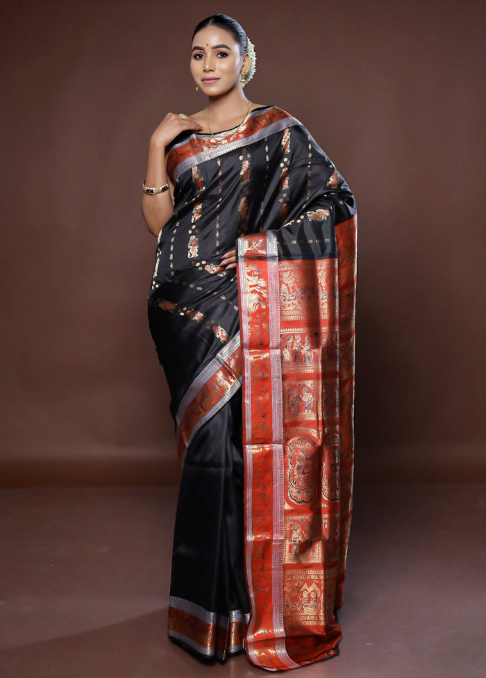 Black Handloom Baluchari Pure Silk Saree With Blouse Piece