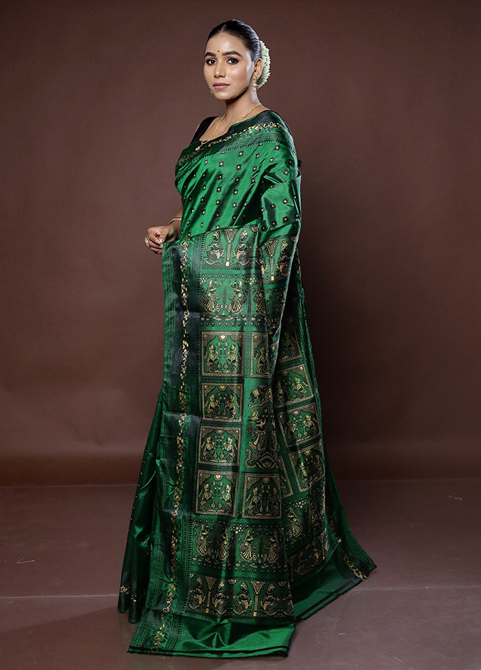 Green Handloom Baluchari Pure Silk Saree With Blouse Piece