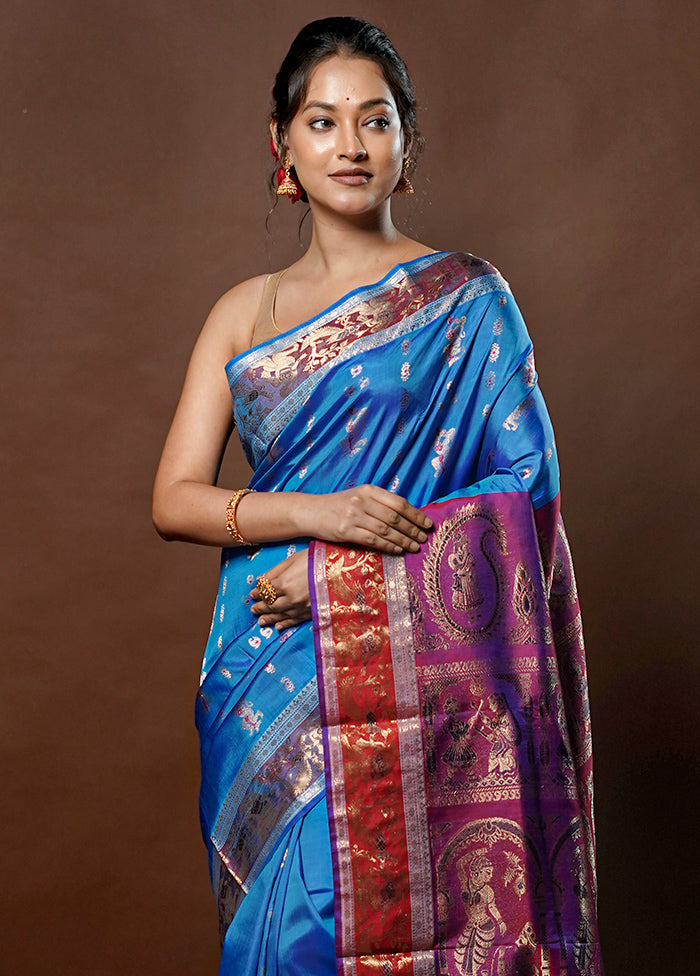 Blue Handloom Baluchari Pure Silk Saree With Blouse Piece