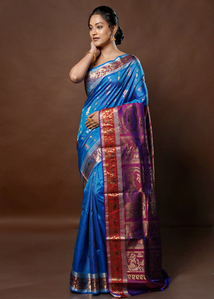 Blue Handloom Baluchari Pure Silk Saree With Blouse Piece - Indian Silk House Agencies