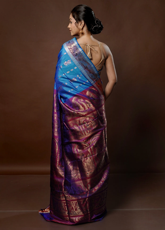 Blue Handloom Baluchari Pure Silk Saree With Blouse Piece