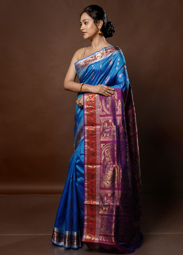 Blue Handloom Baluchari Pure Silk Saree With Blouse Piece