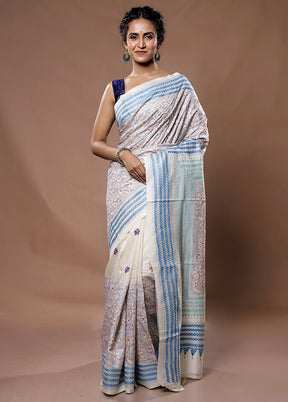 Cream Kantha Stitch Pure Silk Saree With Blouse Piece - Indian Silk House Agencies