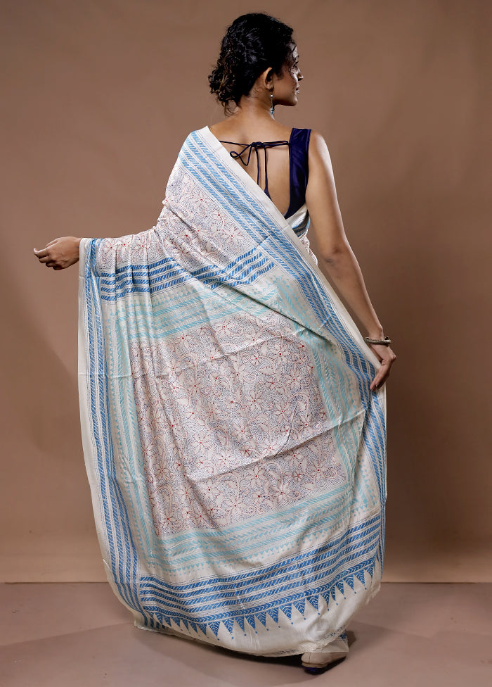 Cream Kantha Stitch Pure Silk Saree With Blouse Piece - Indian Silk House Agencies