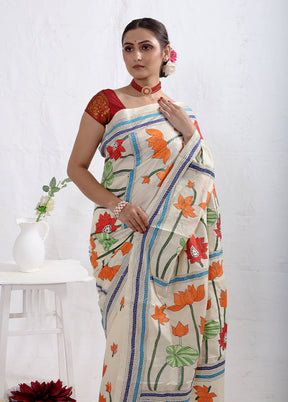 Cream Kantha Stitch Pure Silk Saree With Blouse Piece - Indian Silk House Agencies