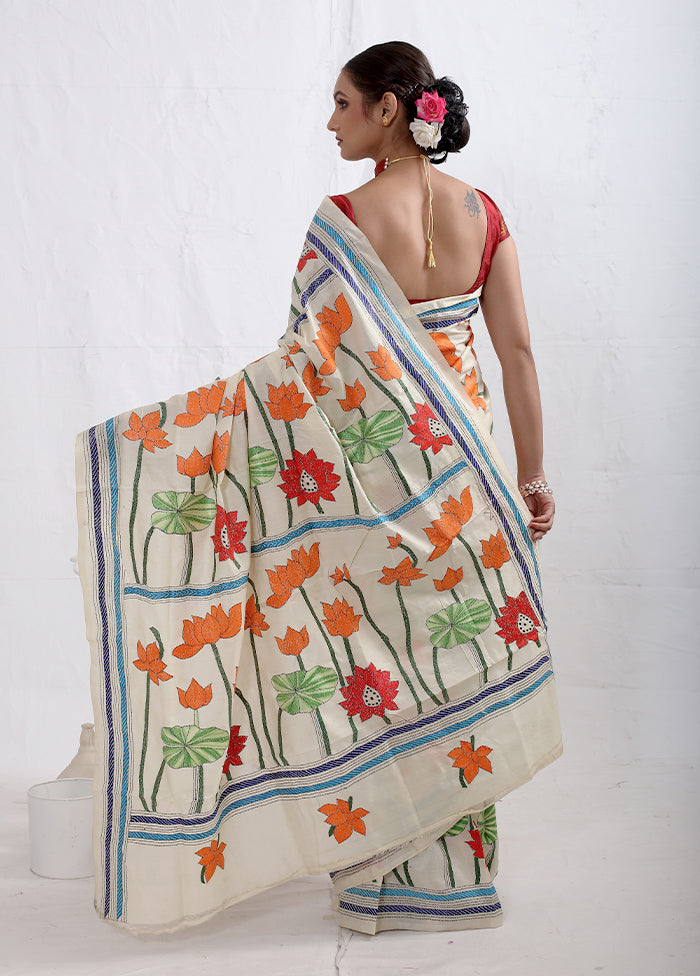 Cream Kantha Stitch Pure Silk Saree With Blouse Piece - Indian Silk House Agencies