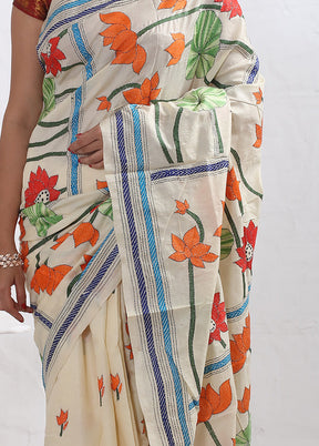 Cream Kantha Stitch Pure Silk Saree With Blouse Piece - Indian Silk House Agencies