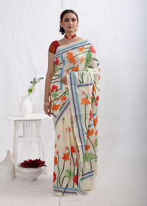 Cream Kantha Stitch Pure Silk Saree With Blouse Piece - Indian Silk House Agencies