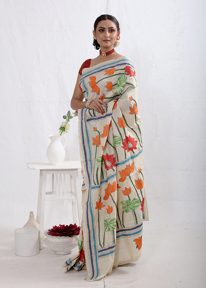 Cream Kantha Stitch Pure Silk Saree With Blouse Piece - Indian Silk House Agencies