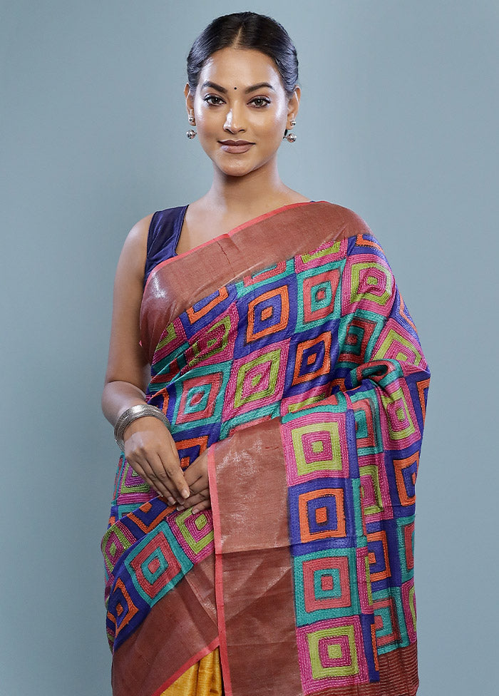 Brown Kantha Stitch Pure Silk Saree With Blouse Piece - Indian Silk House Agencies