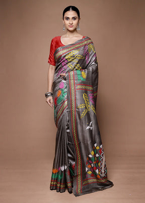 Grey Handloom Kantha Stitch Pure Silk Saree With Blouse Piece