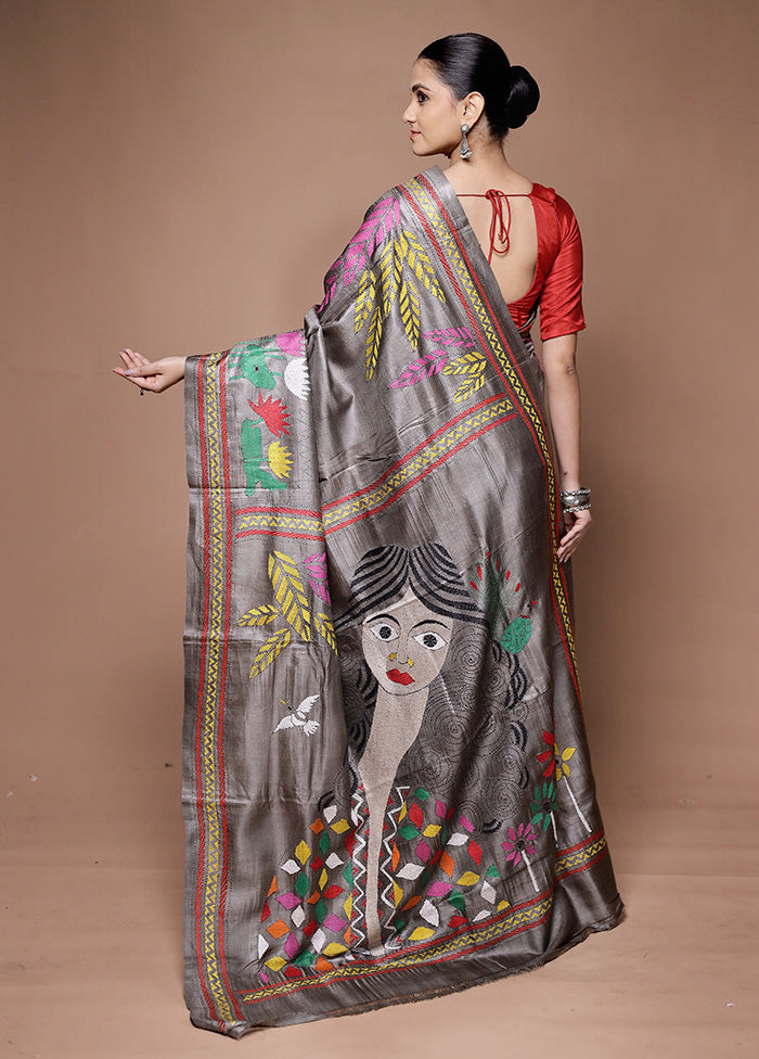 Grey Handloom Kantha Stitch Pure Silk Saree With Blouse Piece