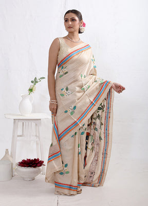 Cream Kantha Stitch Pure Silk Saree With Blouse Piece - Indian Silk House Agencies