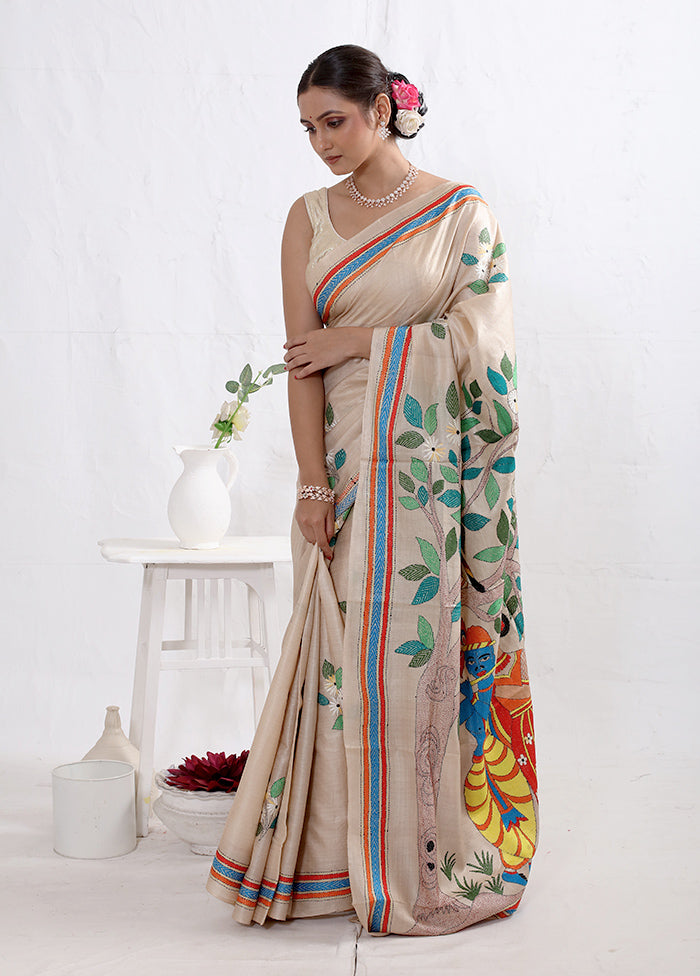 Cream Kantha Stitch Pure Silk Saree With Blouse Piece - Indian Silk House Agencies