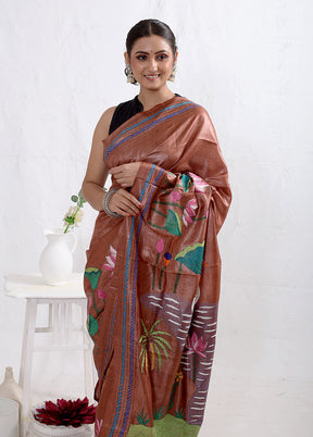 Brown Kantha Stitch Pure Silk Saree With Blouse Piece - Indian Silk House Agencies