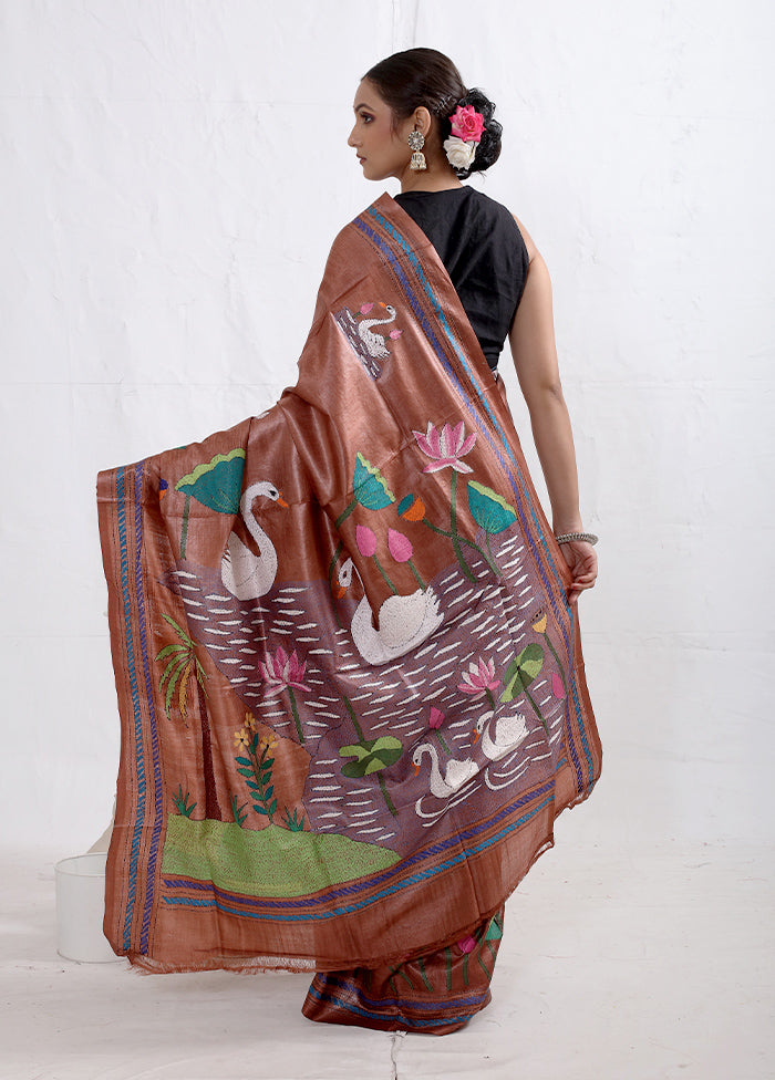 Brown Kantha Stitch Pure Silk Saree With Blouse Piece - Indian Silk House Agencies