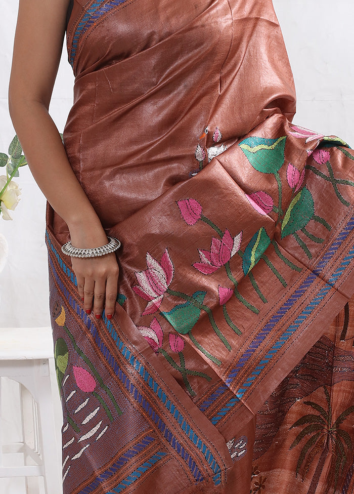 Brown Kantha Stitch Pure Silk Saree With Blouse Piece - Indian Silk House Agencies