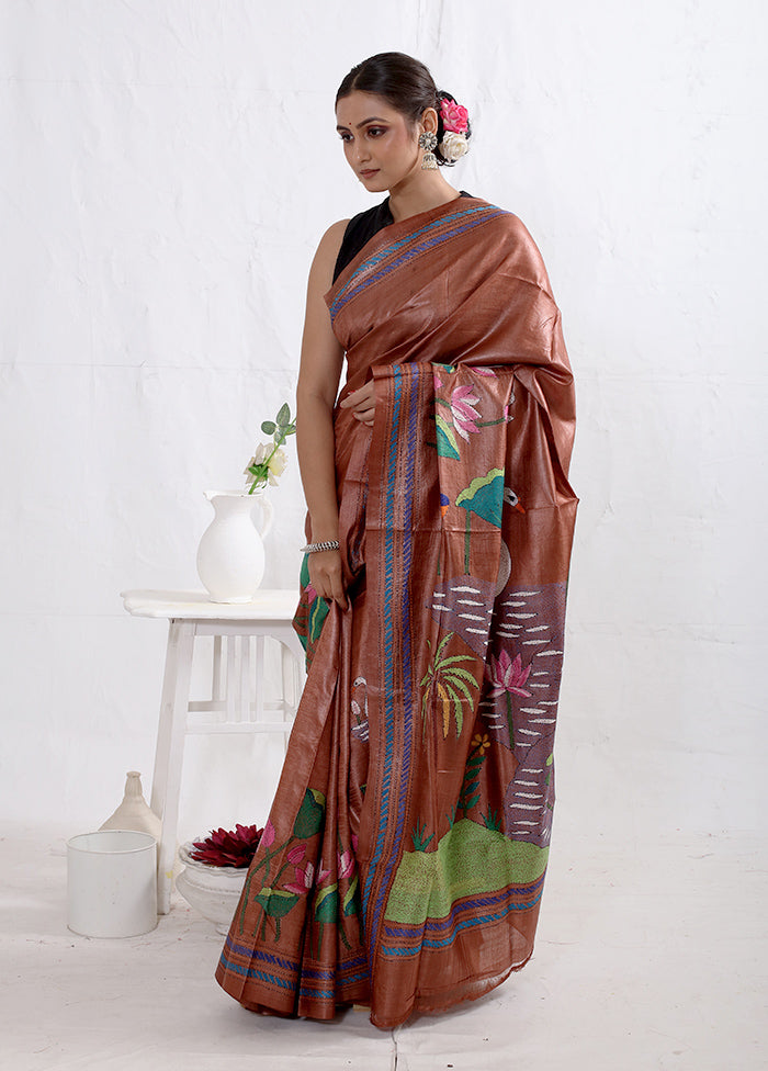 Brown Kantha Stitch Pure Silk Saree With Blouse Piece - Indian Silk House Agencies