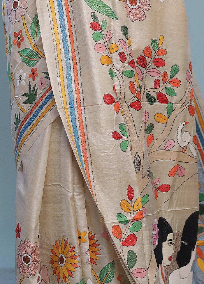 Cream Kantha Stitch Pure Silk Saree With Blouse Piece - Indian Silk House Agencies