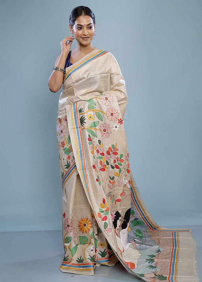 Cream Kantha Stitch Pure Silk Saree With Blouse Piece - Indian Silk House Agencies