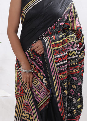 Black Kantha Stitch Pure Silk Saree With Blouse Piece - Indian Silk House Agencies