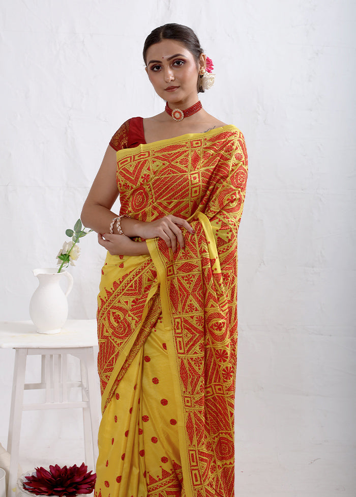 Yellow Kantha Stitch Pure Silk Saree With Blouse Piece - Indian Silk House Agencies