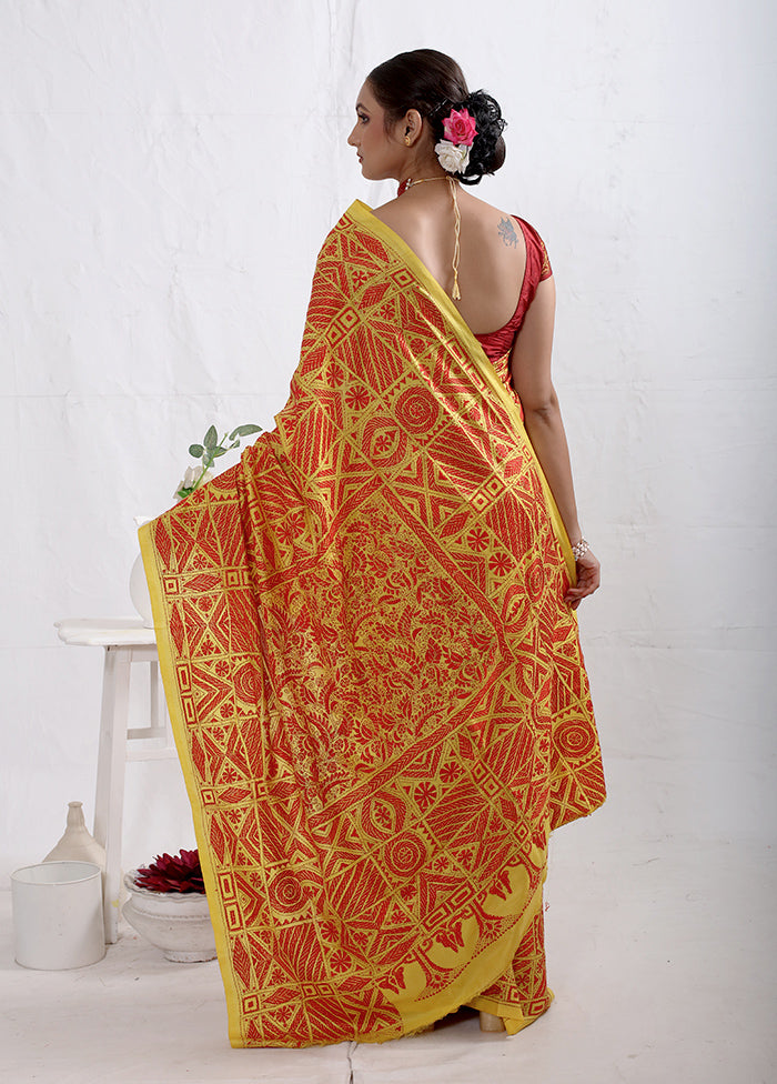 Yellow Kantha Stitch Pure Silk Saree With Blouse Piece - Indian Silk House Agencies