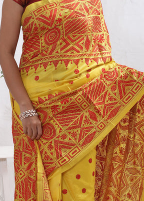 Yellow Kantha Stitch Pure Silk Saree With Blouse Piece - Indian Silk House Agencies