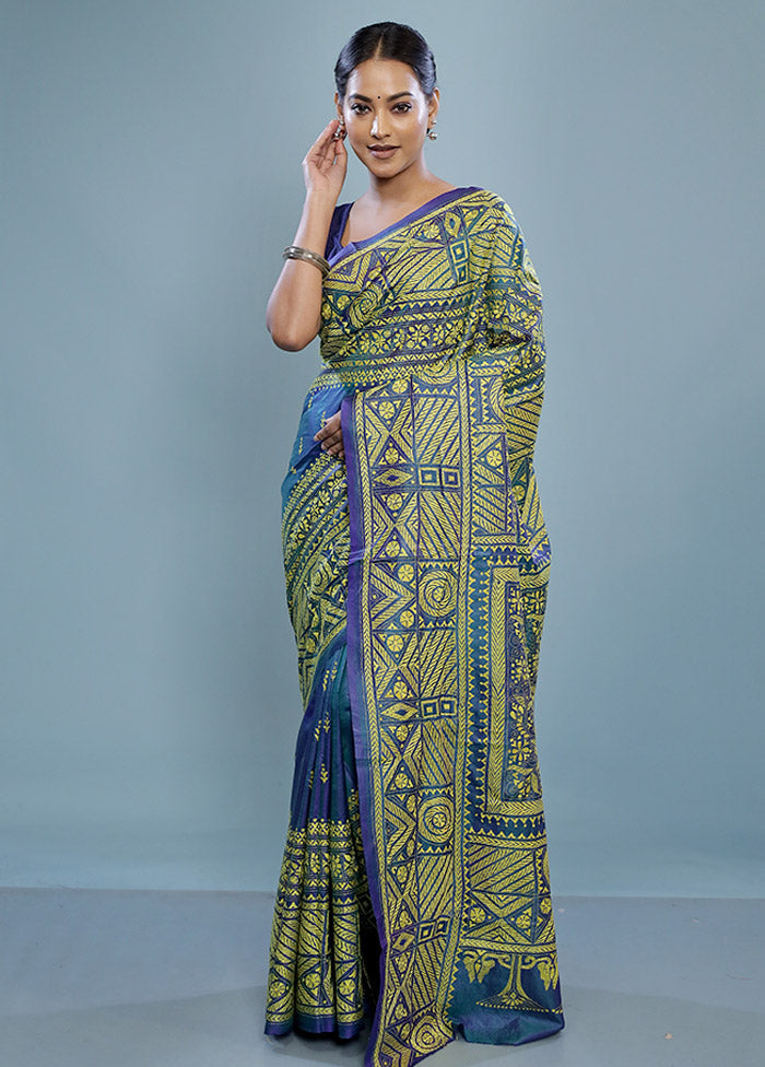 Blue Kantha Stitch Pure Silk Saree With Blouse Piece - Indian Silk House Agencies