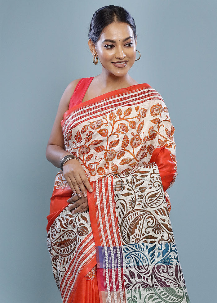 Cream Gachi Tussar Nakshi Kantha Saree With Blouse Piece - Indian Silk House Agencies