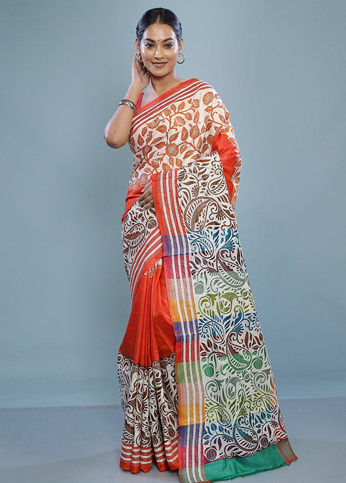 Cream Gachi Tussar Nakshi Kantha Saree With Blouse Piece - Indian Silk House Agencies