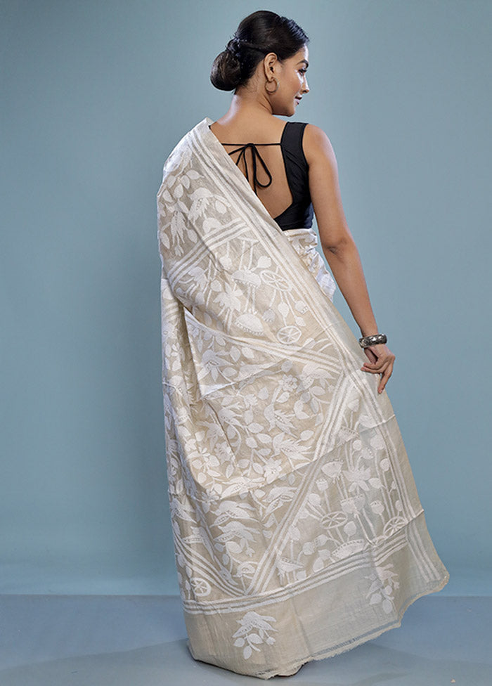 Cream Gachi Tussar Nakshi Kantha Saree With Blouse Piece - Indian Silk House Agencies