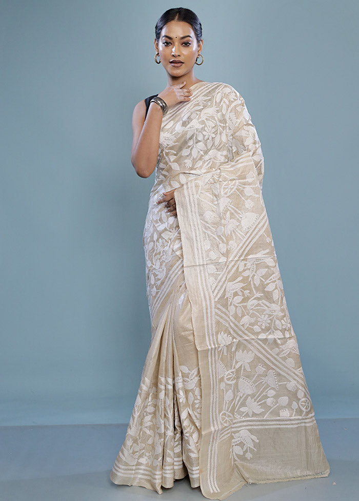 Cream Gachi Tussar Nakshi Kantha Saree With Blouse Piece - Indian Silk House Agencies