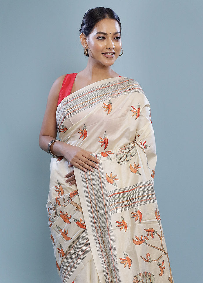 Cream Kantha Stitch Pure Silk Saree With Blouse Piece - Indian Silk House Agencies