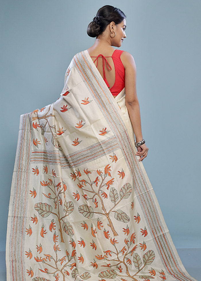 Cream Kantha Stitch Pure Silk Saree With Blouse Piece - Indian Silk House Agencies