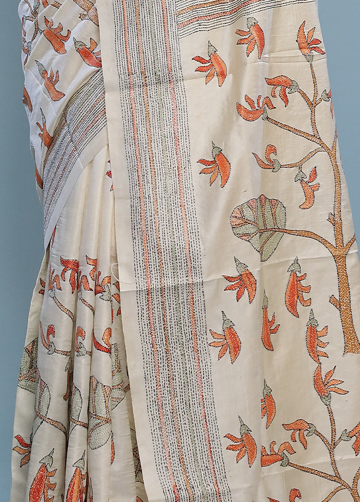 Cream Kantha Stitch Pure Silk Saree With Blouse Piece - Indian Silk House Agencies