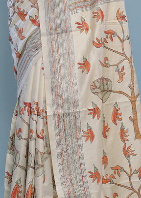 Cream Kantha Stitch Pure Silk Saree With Blouse Piece - Indian Silk House Agencies