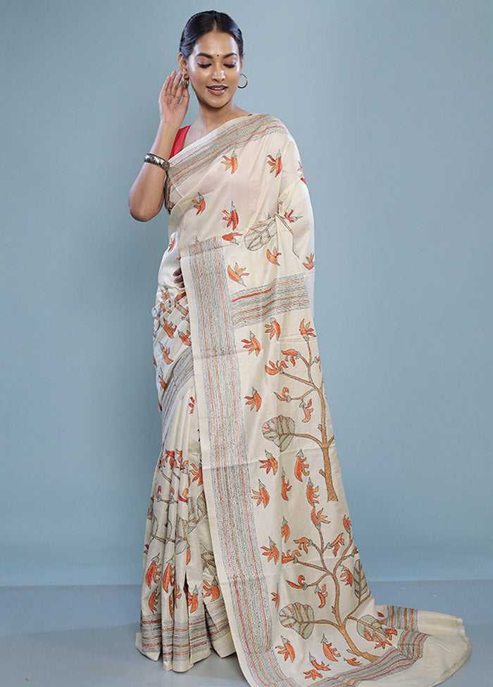 Cream Kantha Stitch Pure Silk Saree With Blouse Piece - Indian Silk House Agencies