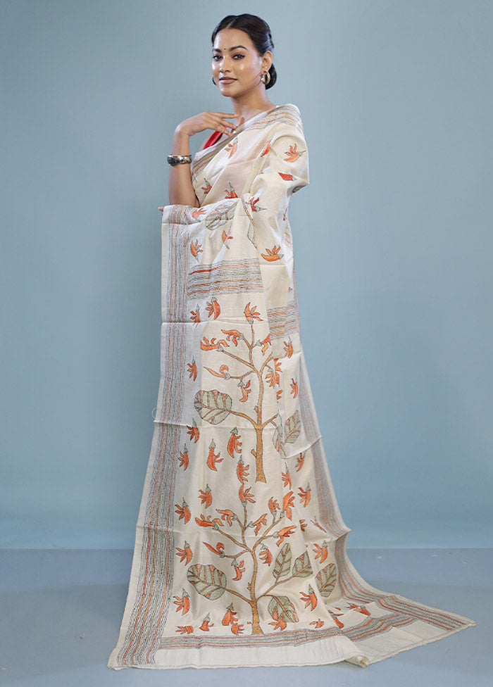 Cream Kantha Stitch Pure Silk Saree With Blouse Piece - Indian Silk House Agencies