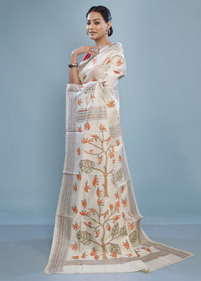 Cream Kantha Stitch Pure Silk Saree With Blouse Piece - Indian Silk House Agencies