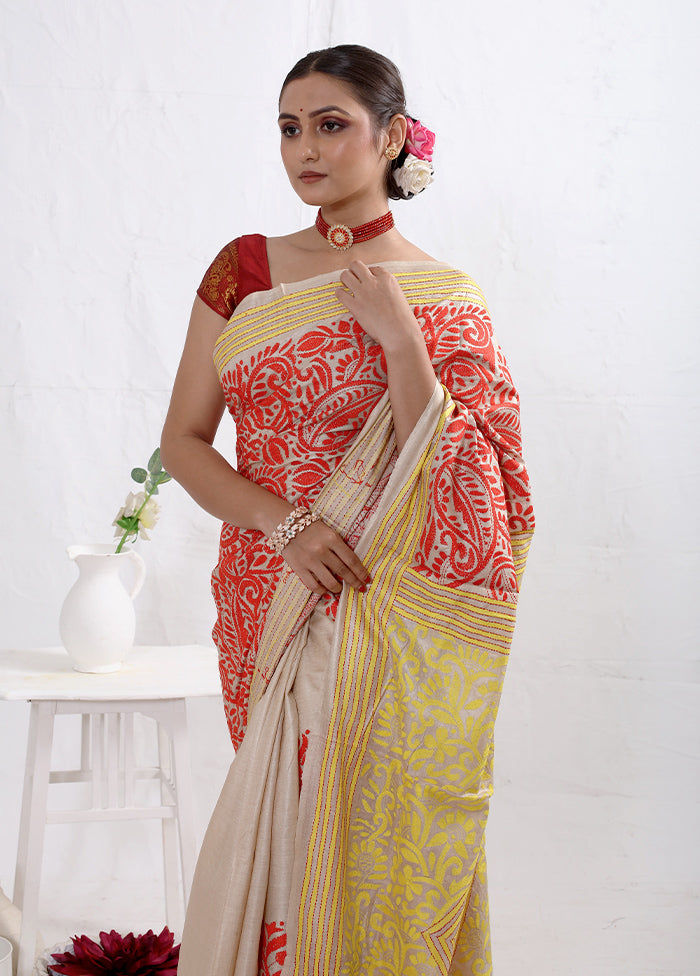 Cream Kantha Stitch Pure Silk Saree With Blouse Piece - Indian Silk House Agencies